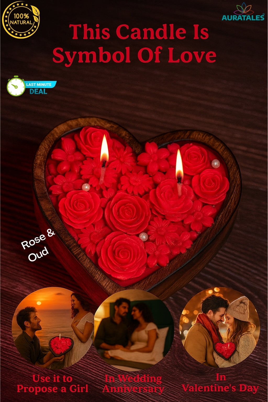 Wooden Heart Rose Candle Aura Tales
