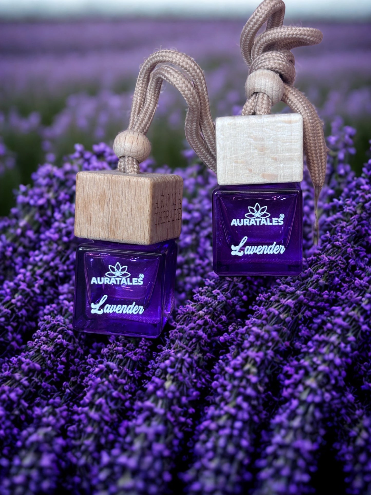 AuraTales Premium Lavender Car Hanging Perfume with elegant purple packaging
