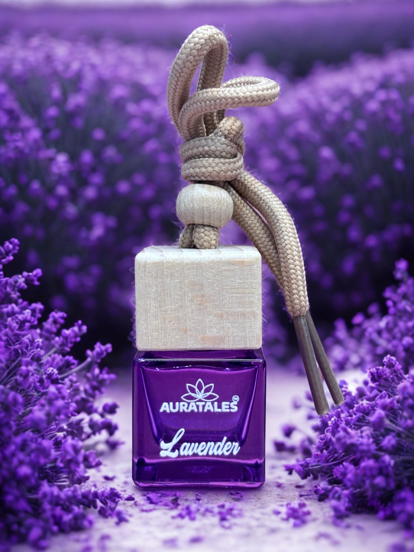 Luxury lavender car freshener hanging by AuraTales with soothing fragrance
