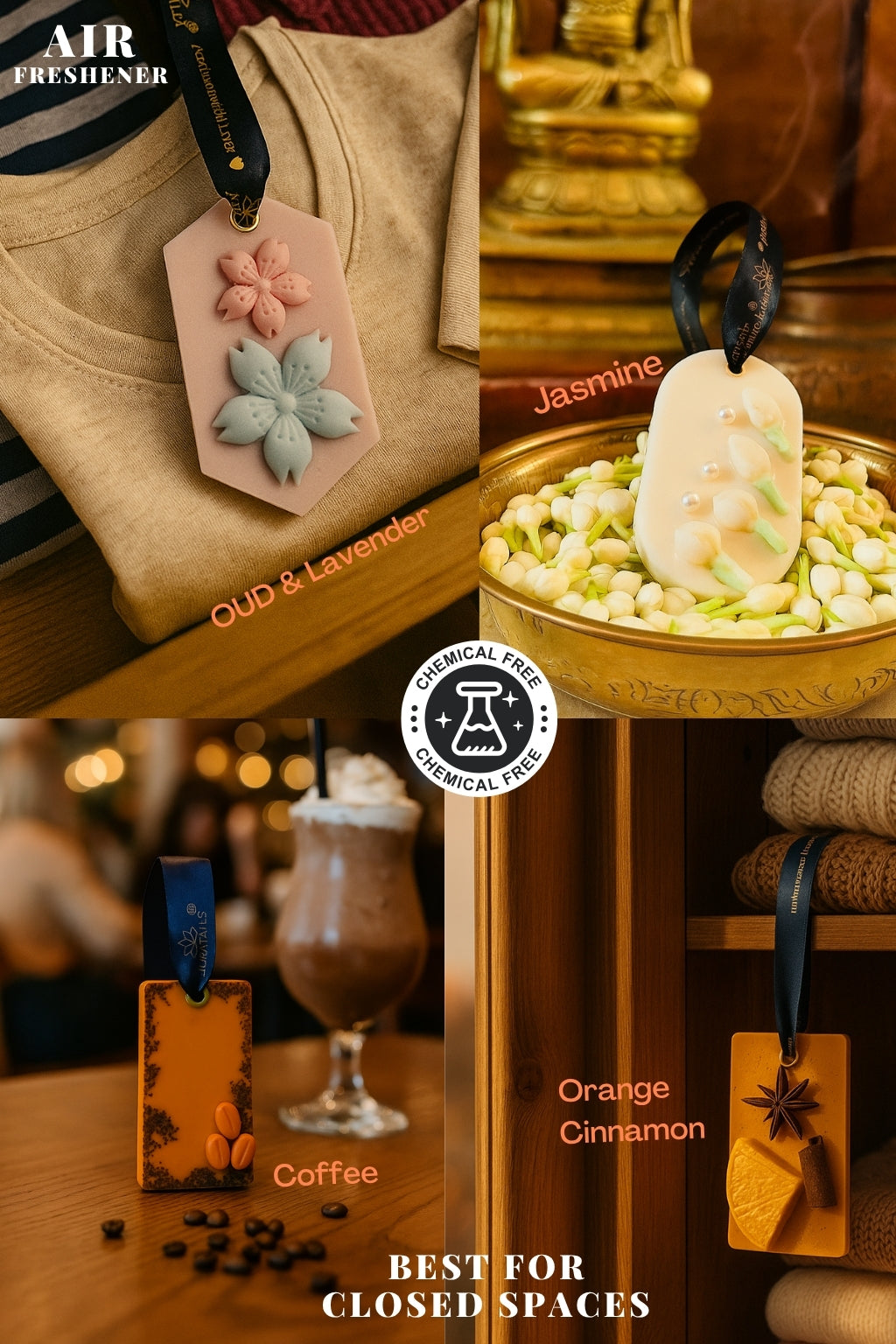 Air Freshener Coffee, Oud, Orange & Mogra Premium Scent | Pack of 4 Aura Tales