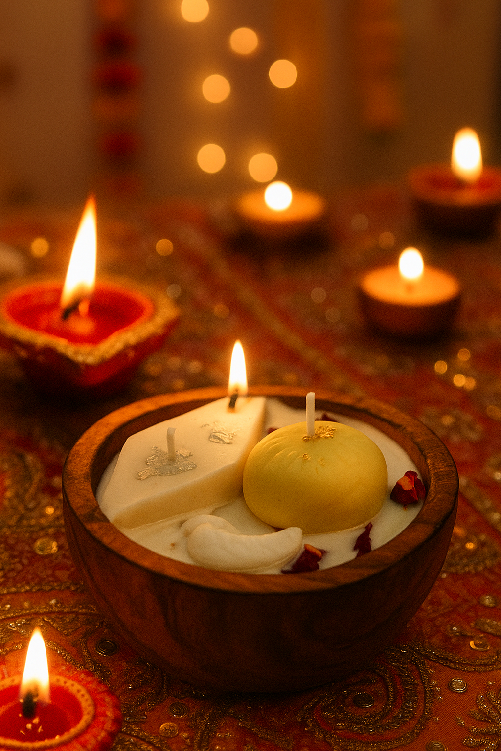 Kaju Katli Sweet Scented Candle Wooden Jar | Festive Gifting & Home Decor Aura Tales