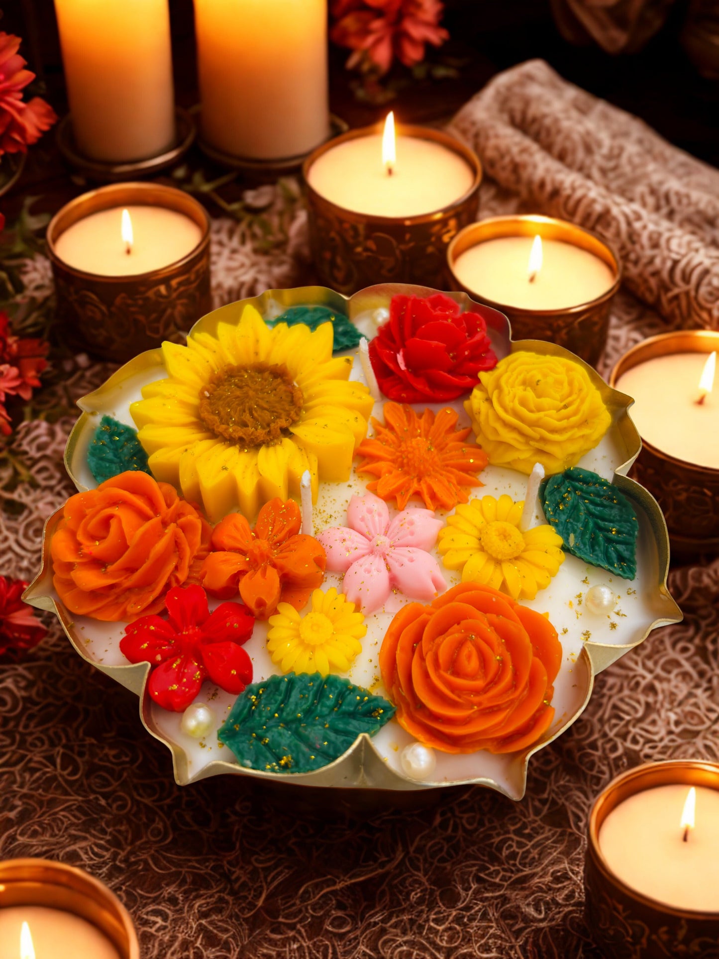 Lotus Urli Candle Oudh Rose & Saffron Scent | Festival Gifting AuraTales