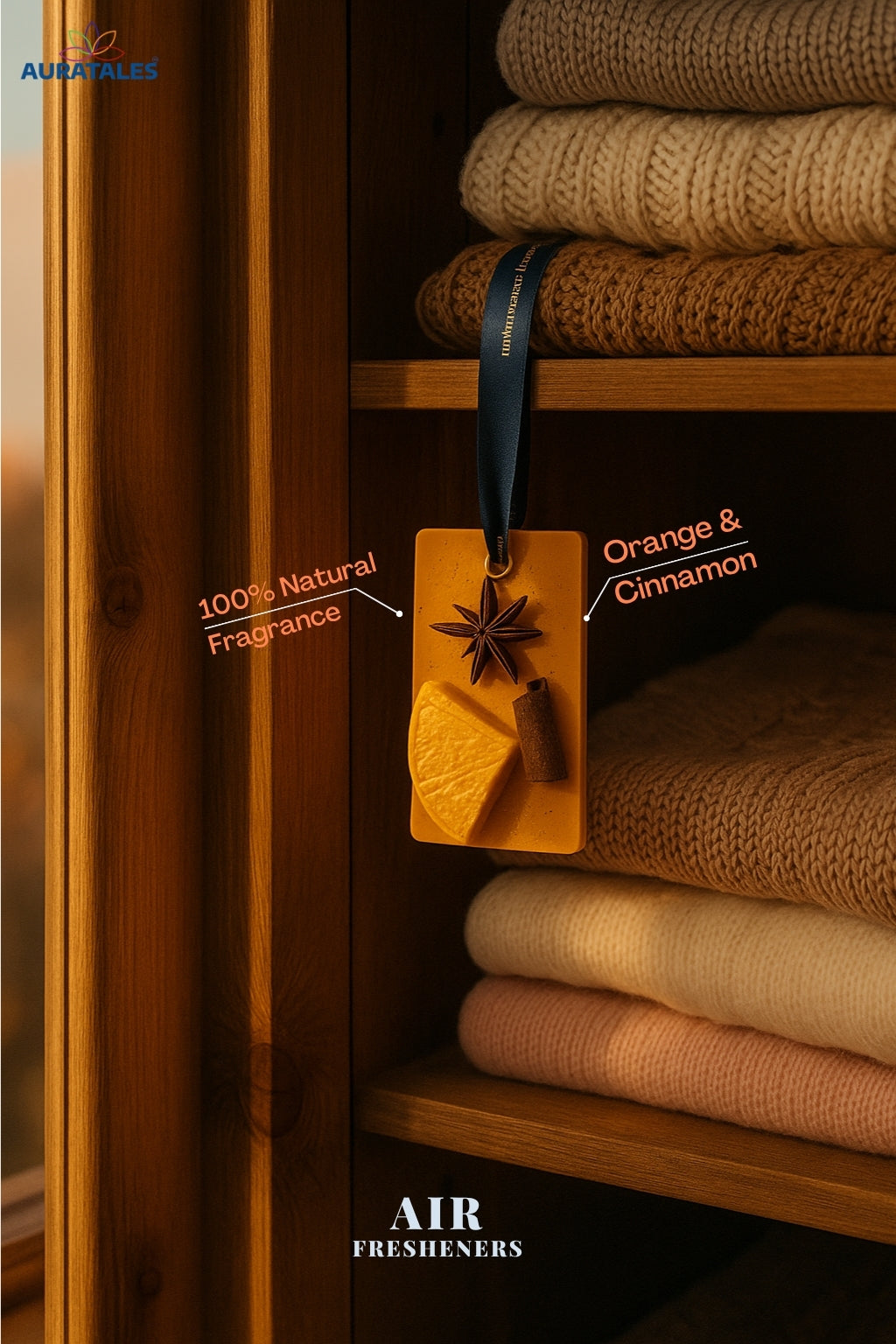 Air Freshener Coffee, Oud, Orange & Mogra Premium Scent | Pack of 4 Aura Tales
