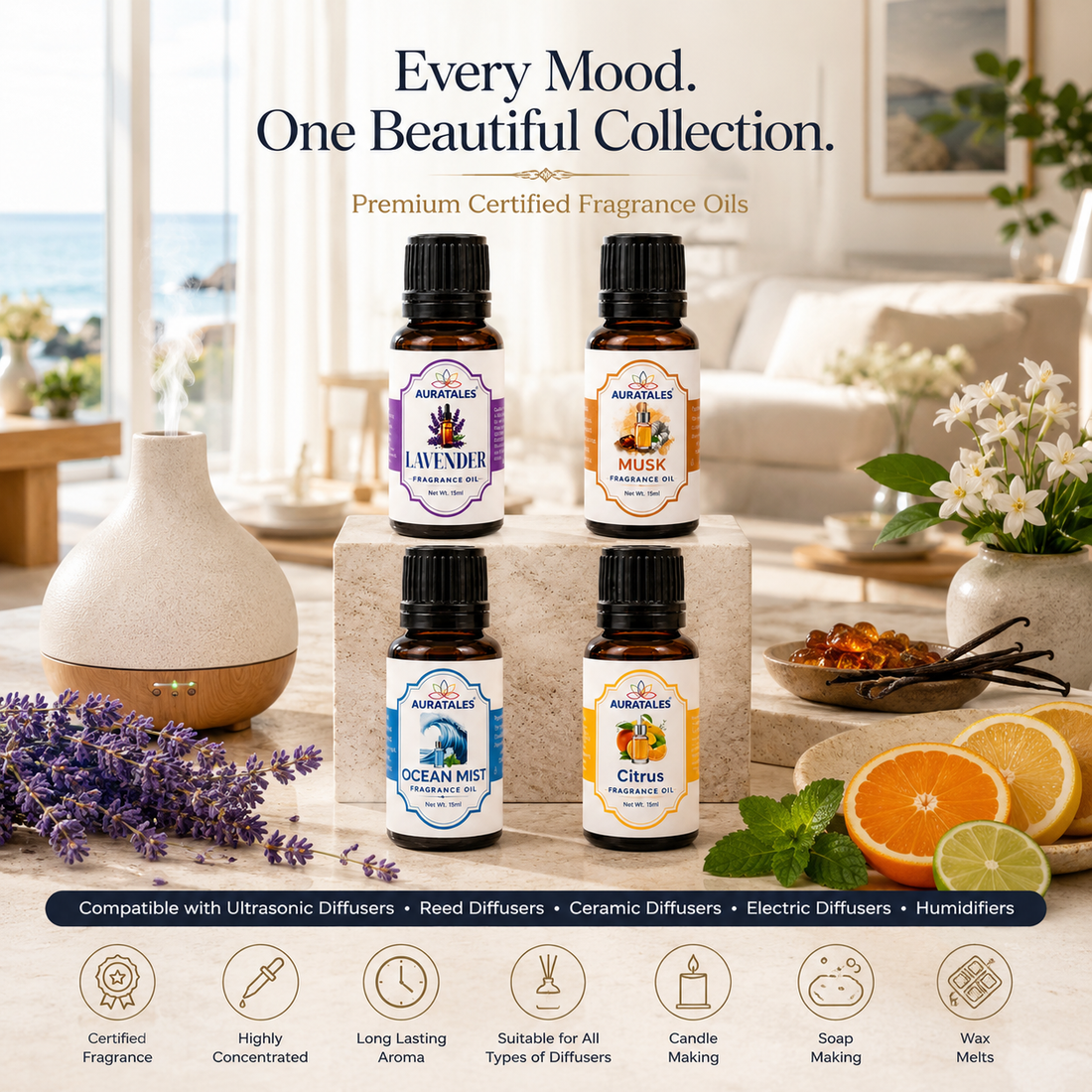 AuraTales Lavender Musk Ocean Mist Citrus Fragrance Oil Pack of 4