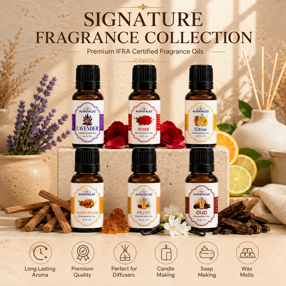 AuraTales Pack of 6 Fragrance Oils - Sandalwood, Lavender, Citrus, Oudh, Musk, Rose