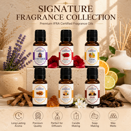 AuraTales Pack of 6 Fragrance Oils - Sandalwood, Lavender, Citrus, Oudh, Musk, Rose
