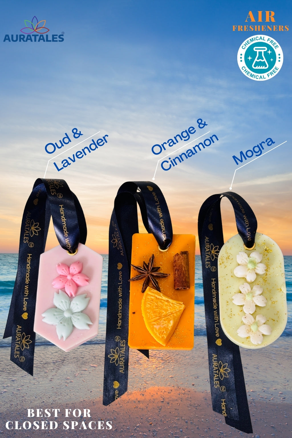 Three air freshener pendants with scents labeled 'Oud & Lavender', 'Orange & Cinnamon', and 'Mogra' against a beach backdrop.