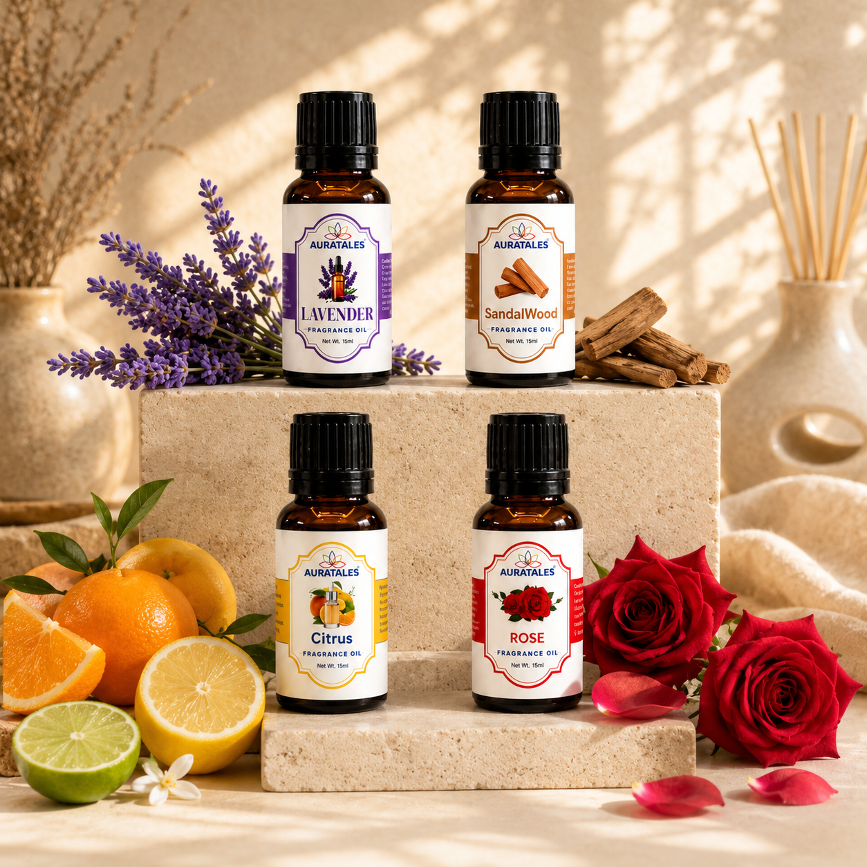 Fragrance Oil for Diffuser | Pack of 4 | 60ml | Best for Aromatherapy | Helps in Meditation | Used in Home, Candle, Diffusers, Air Fresheners (Lavender, Sandalwood, Citrus, Rose) AuraTales