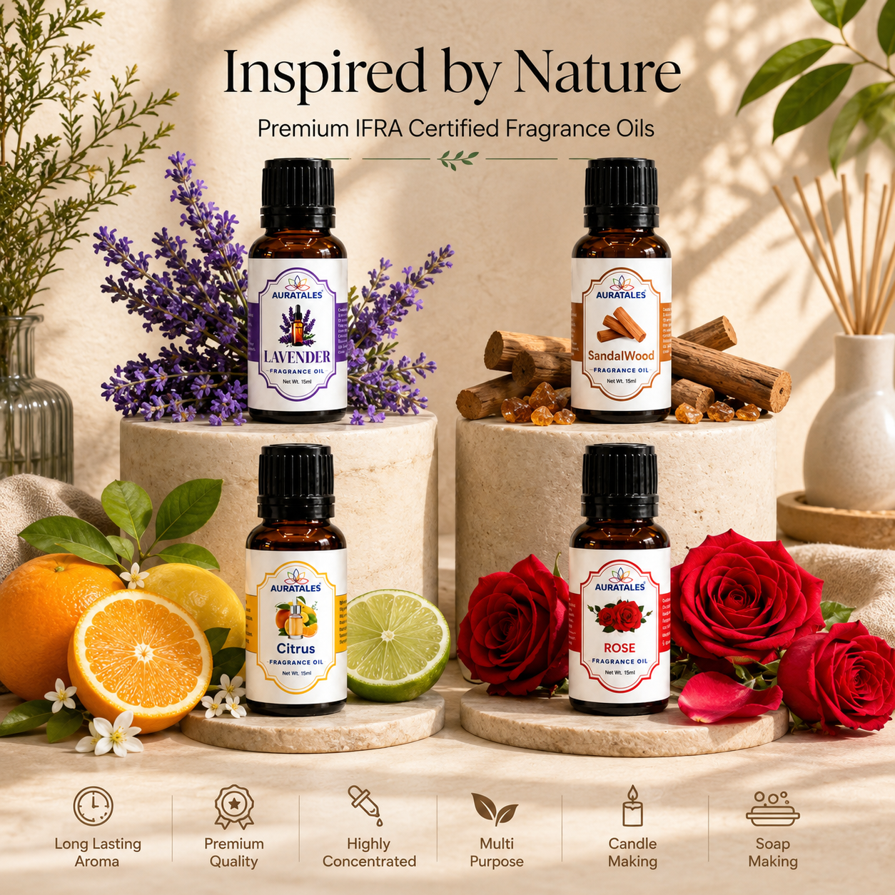 Fragrance Oil for Diffuser | Pack of 4 | 60ml | Best for Aromatherapy | Helps in Meditation | Used in Home, Candle, Diffusers, Air Fresheners (Lavender, Sandalwood, Citrus, Rose) AuraTales