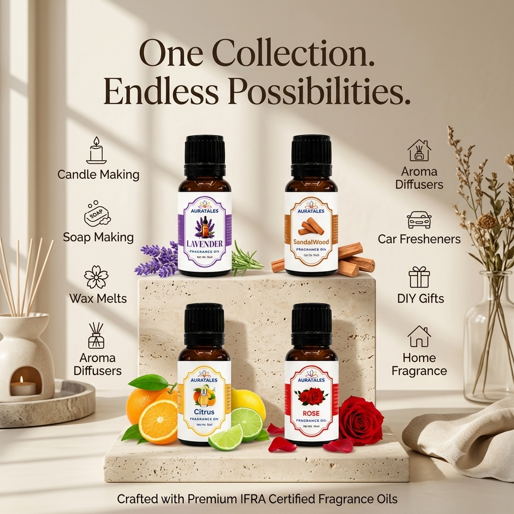 Fragrance Oil for Diffuser | Pack of 4 | 60ml | Best for Aromatherapy | Helps in Meditation | Used in Home, Candle, Diffusers, Air Fresheners (Lavender, Sandalwood, Citrus, Rose) AuraTales