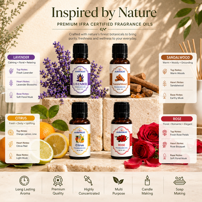 Fragrance Oil for Diffuser | Pack of 4 | 60ml | Best for Aromatherapy | Helps in Meditation | Used in Home, Candle, Diffusers, Air Fresheners (Lavender, Sandalwood, Citrus, Rose) AuraTales