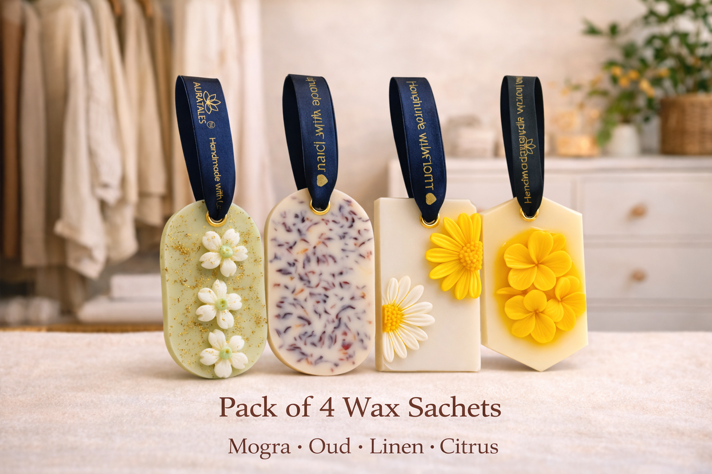 Air Freshener Mogra, Citrus, Linen & Rose Natural Scent for Wardrobes, Cupboards & ShoeRacks | Pack of 4