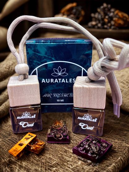 Premium Oud car freshener hanging by AuraTales with soothing fragrance