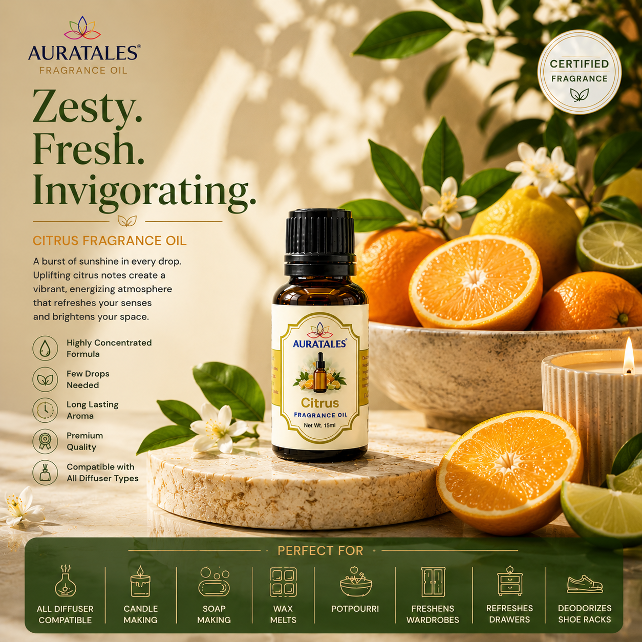 Aroma Diffuser Oil Combo of 6 (Sandalwood, Lavender, Citrus, Oudh, Musk, Rose) 60ml for Home, Office, Cupboards, Shoeracks, Drawers AuraTales