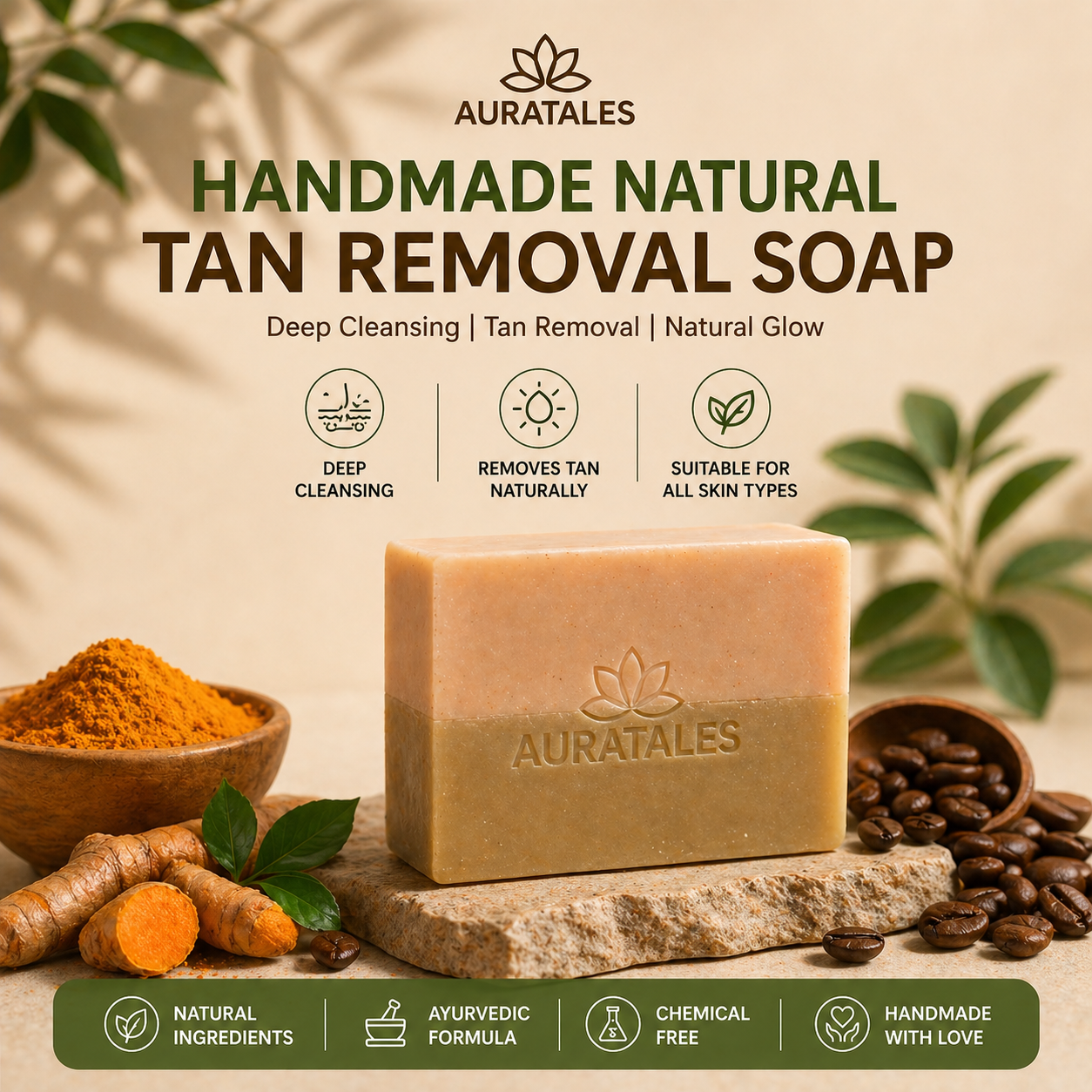Handmade Natural Tan Removal & Deep Cleansing Bathing Soap For Men & Women | Pack of 3 AuraTales