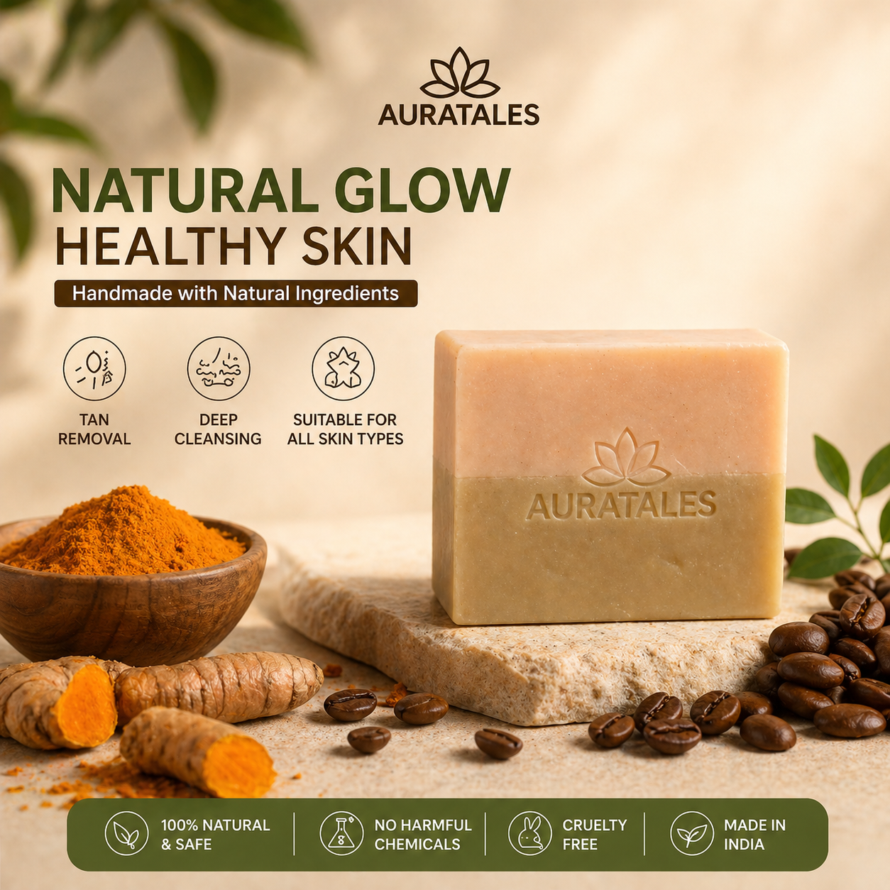 Handmade Natural Tan Removal & Deep Cleansing Bathing Soap For Men & Women | Pack of 3 AuraTales
