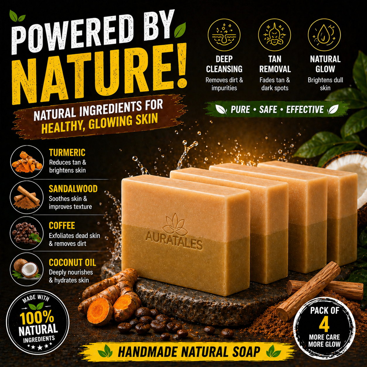 Handmade Natural Tan Removal & Deep Cleansing Bathing Soap For Men & Women | Pack of 4 AuraTales