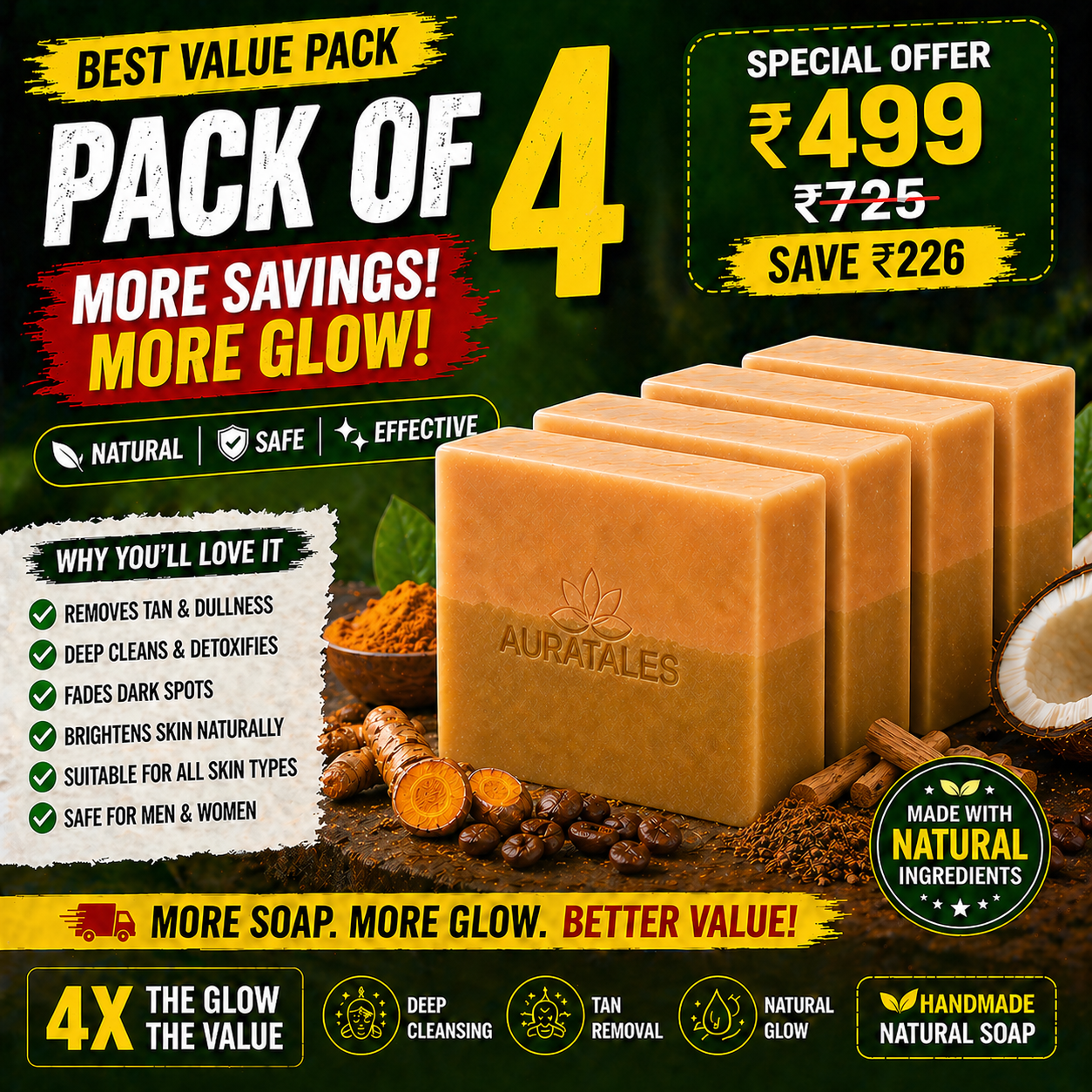 Handmade Natural Tan Removal & Deep Cleansing Bathing Soap For Men & Women | Pack of 4 AuraTales