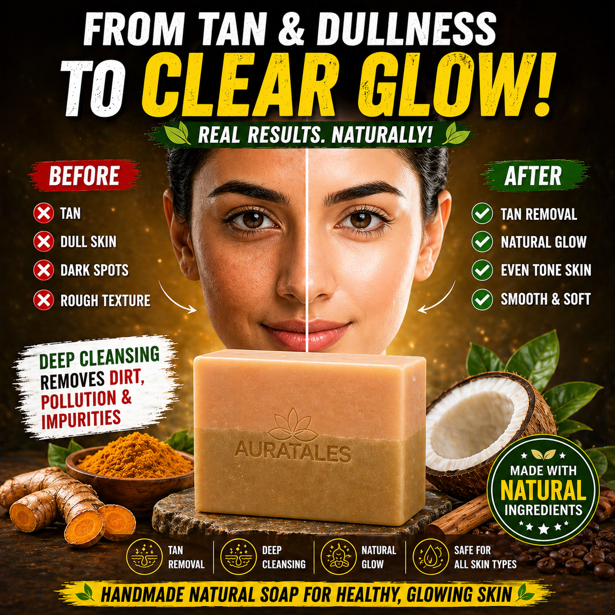 Handmade Natural Tan Removal & Deep Cleansing Bathing Soap For Men & Women | Pack of 3 AuraTales
