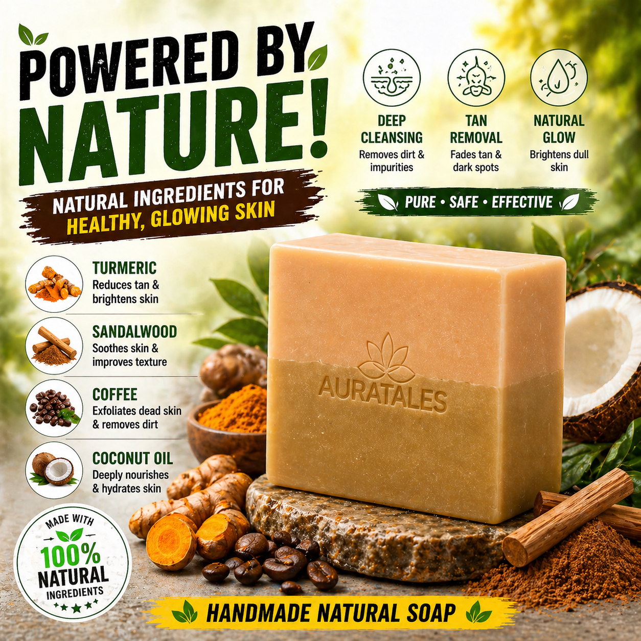 Handmade Natural Tan Removal & Deep Cleansing Bathing Soap For Men & Women | Pack of 3 AuraTales