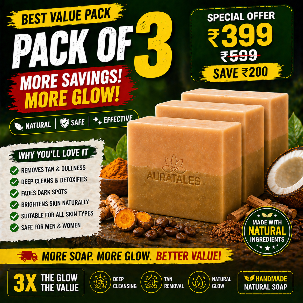 Handmade Natural Tan Removal & Deep Cleansing Bathing Soap For Men & Women | Pack of 3 AuraTales