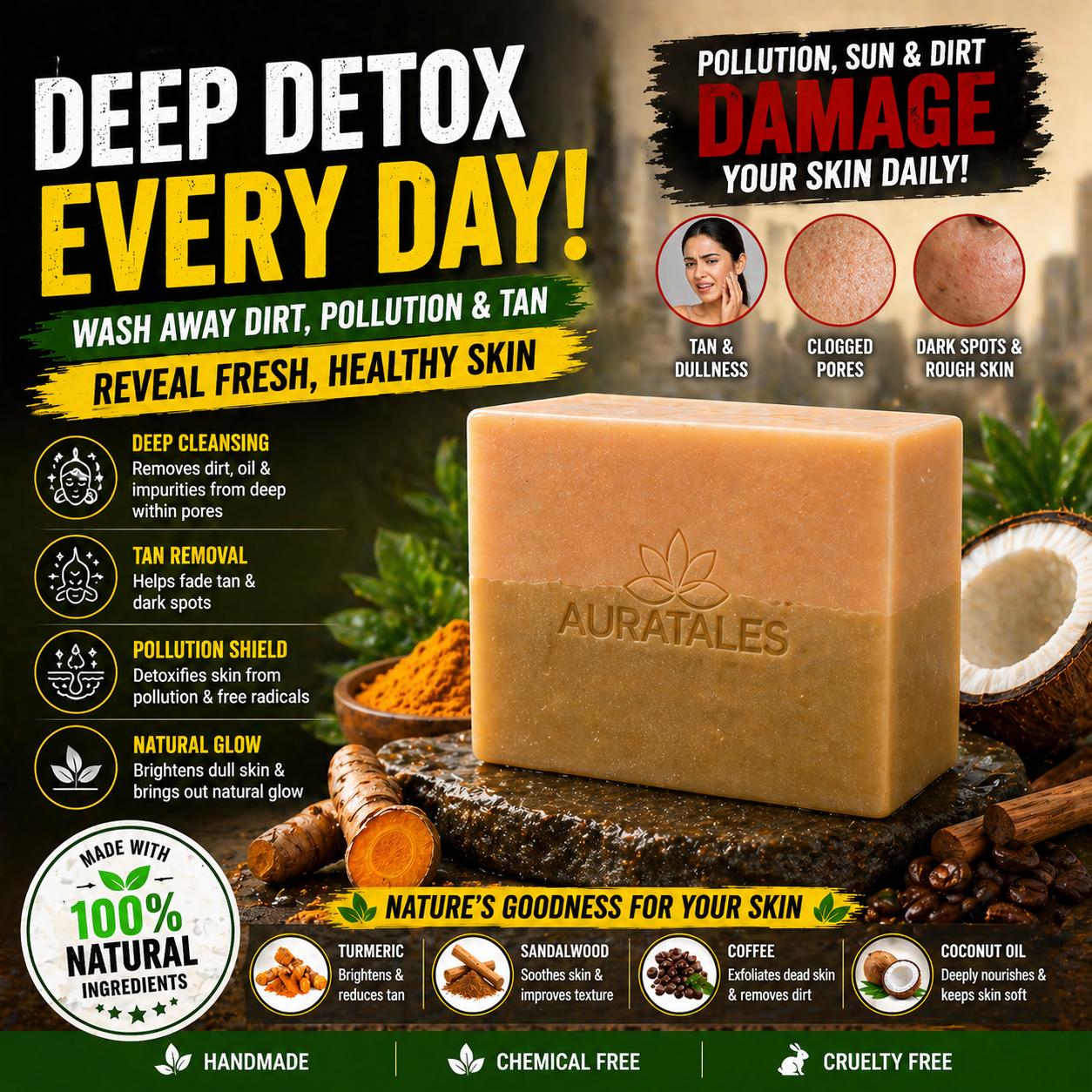 Handmade Natural Tan Removal & Deep Cleansing Bathing Soap For Men & Women | Pack of 3 AuraTales