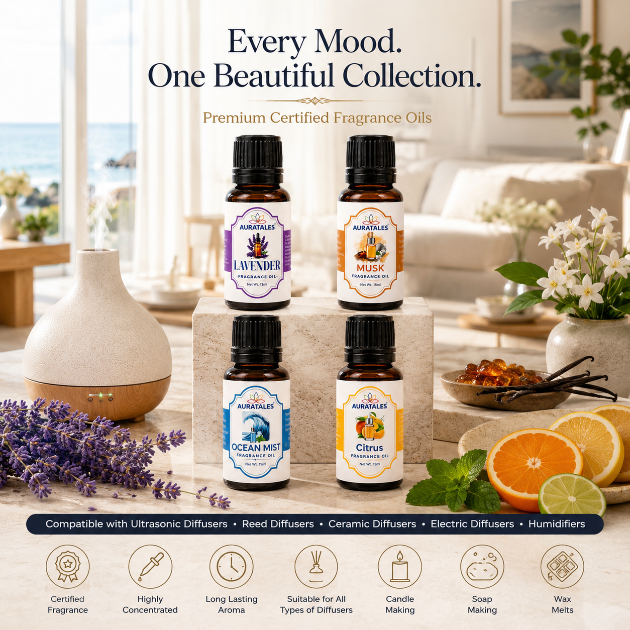Fragrance Oil for Diffusers | Pack of 4 | 60ml | Best for Aromatherapy | Helps in Meditation | Used in Home, Candle, Diffusers, Air Fresheners (Lavender, Musk, Ocean-Mist, Citrus) AuraTales