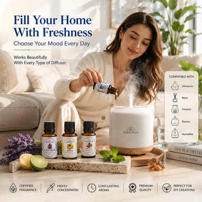Fragrance Oil for Diffusers | Pack of 4 | 60ml | Best for Aromatherapy | Helps in Meditation | Used in Home, Candle, Diffusers, Air Fresheners (Lavender, Musk, Ocean-Mist, Citrus) AuraTales