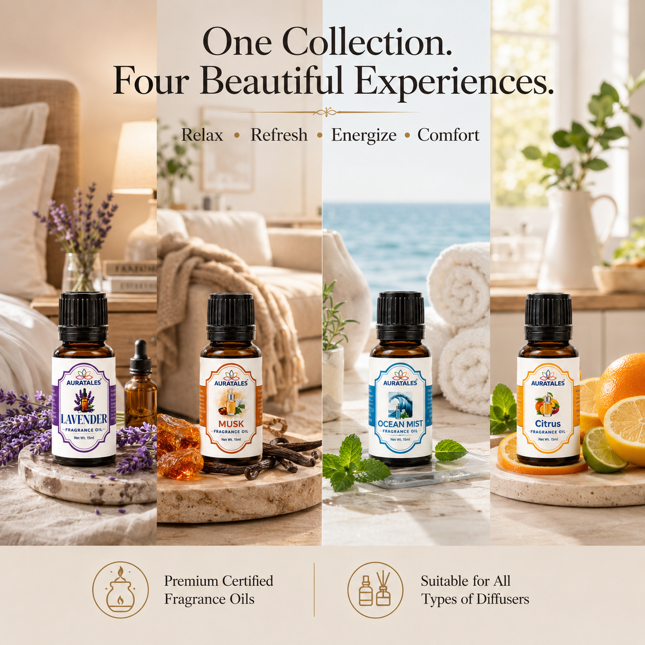 Fragrance Oil for Diffusers | Pack of 4 | 60ml | Best for Aromatherapy | Helps in Meditation | Used in Home, Candle, Diffusers, Air Fresheners (Lavender, Musk, Ocean-Mist, Citrus) AuraTales