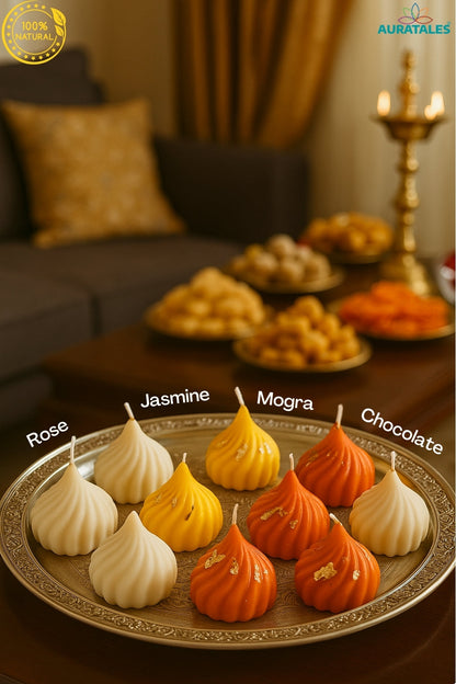 Modak Sweet Candle Rose, Cholocate, Saffron, Mogra | Pack of 8 Aura Tales