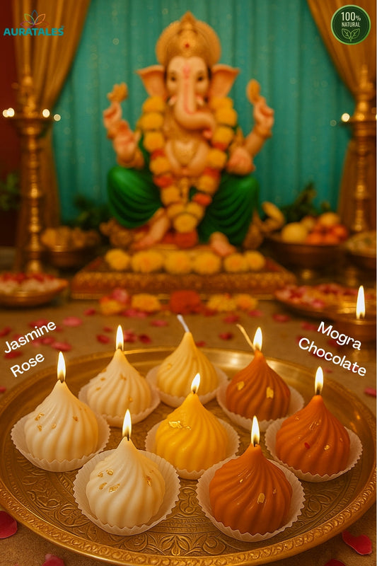 Modak Sweet Candle Rose, Cholocate, Saffron, Mogra | Pack of 8 Aura Tales