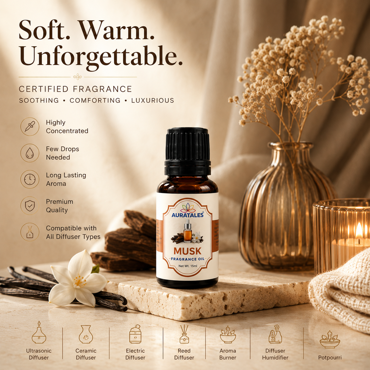 Aroma Diffuser Oil Combo of 6 (Sandalwood, Lavender, Citrus, Oudh, Musk, Rose) 60ml for Home, Office, Cupboards, Shoeracks, Drawers AuraTales