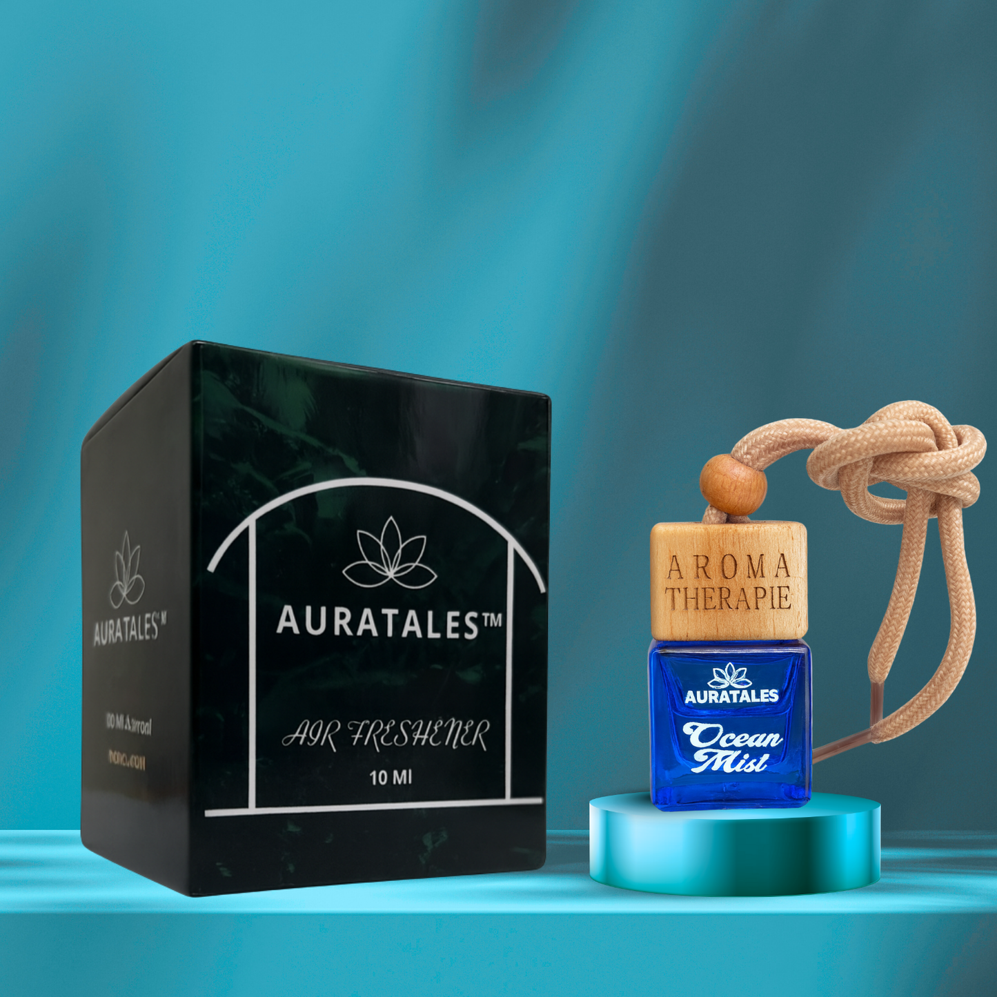 Fresh aquatic car perfume hanging on rear view mirror