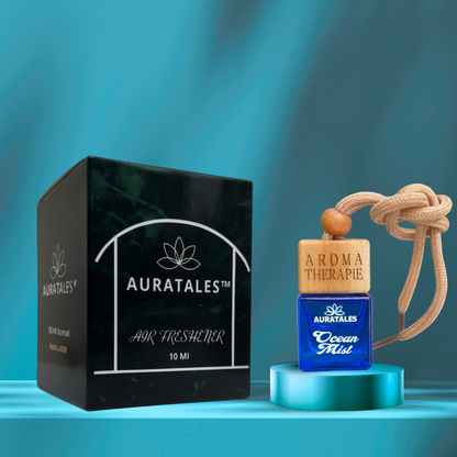 Fresh aquatic car perfume hanging on rear view mirror