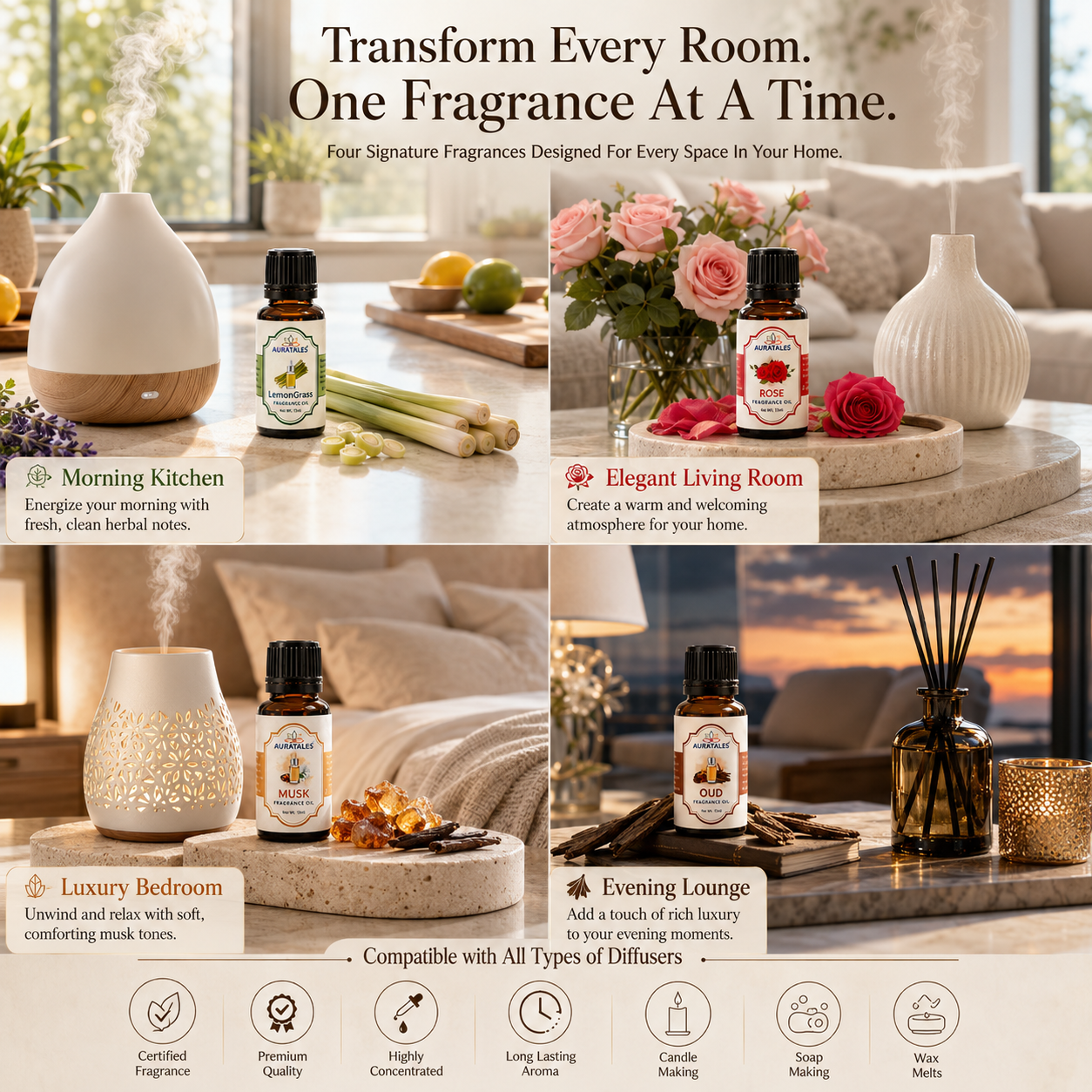 Fragrance Oil for Diffuser | Pack of 4 | 60ml | Best for Aromatherapy | Helps in Meditation | Used in Home, Candle, Diffusers, Air Fresheners (Musk, Oudh, Lemongrass, Rose) AuraTales