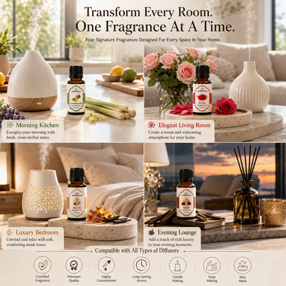 Fragrance Oil for Diffuser | Pack of 4 | 60ml | Best for Aromatherapy | Helps in Meditation | Used in Home, Candle, Diffusers, Air Fresheners (Musk, Oudh, Lemongrass, Rose) AuraTales