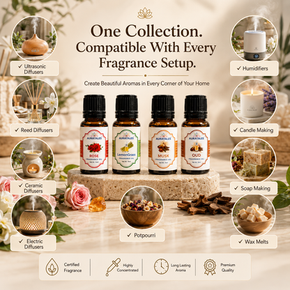 Fragrance Oil for Diffuser | Pack of 4 | 60ml | Best for Aromatherapy | Helps in Meditation | Used in Home, Candle, Diffusers, Air Fresheners (Musk, Oudh, Lemongrass, Rose) AuraTales