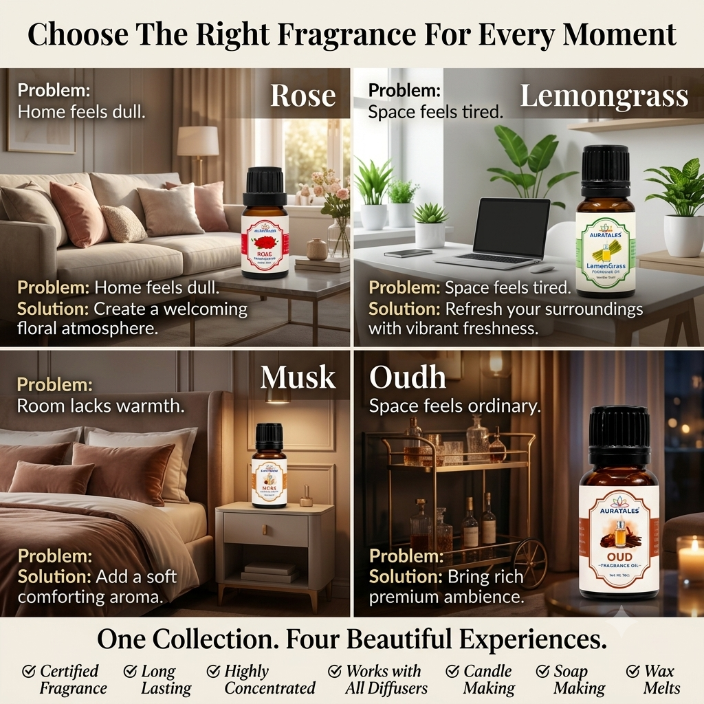 Fragrance Oil for Diffuser | Pack of 4 | 60ml | Best for Aromatherapy | Helps in Meditation | Used in Home, Candle, Diffusers, Air Fresheners (Musk, Oudh, Lemongrass, Rose) AuraTales