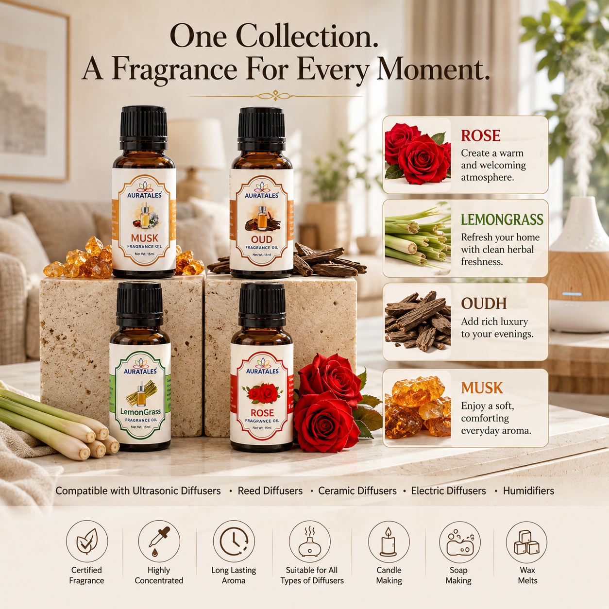 Fragrance Oil for Diffuser | Pack of 4 | 60ml | Best for Aromatherapy | Helps in Meditation | Used in Home, Candle, Diffusers, Air Fresheners (Musk, Oudh, Lemongrass, Rose) AuraTales