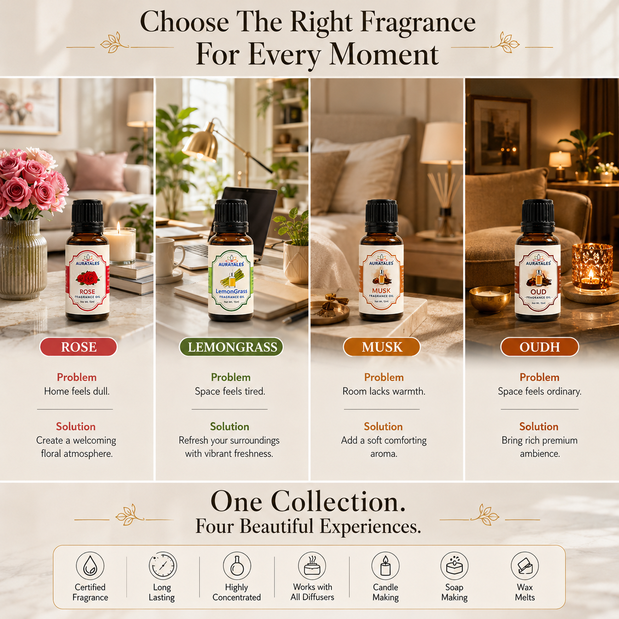 Fragrance Oil for Diffuser | Pack of 4 | 60ml | Best for Aromatherapy | Helps in Meditation | Used in Home, Candle, Diffusers, Air Fresheners (Musk, Oudh, Lemongrass, Rose) AuraTales