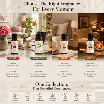 Fragrance Oil for Diffuser | Pack of 4 | 60ml | Best for Aromatherapy | Helps in Meditation | Used in Home, Candle, Diffusers, Air Fresheners (Musk, Oudh, Lemongrass, Rose) AuraTales