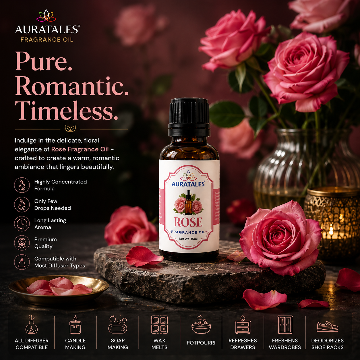 Fragrance Oil for Diffuser | Pack of 4 | 60ml | Best for Aromatherapy | Helps in Meditation | Used in Home, Candle, Diffusers, Air Fresheners (Musk, Oudh, Lemongrass, Rose) AuraTales