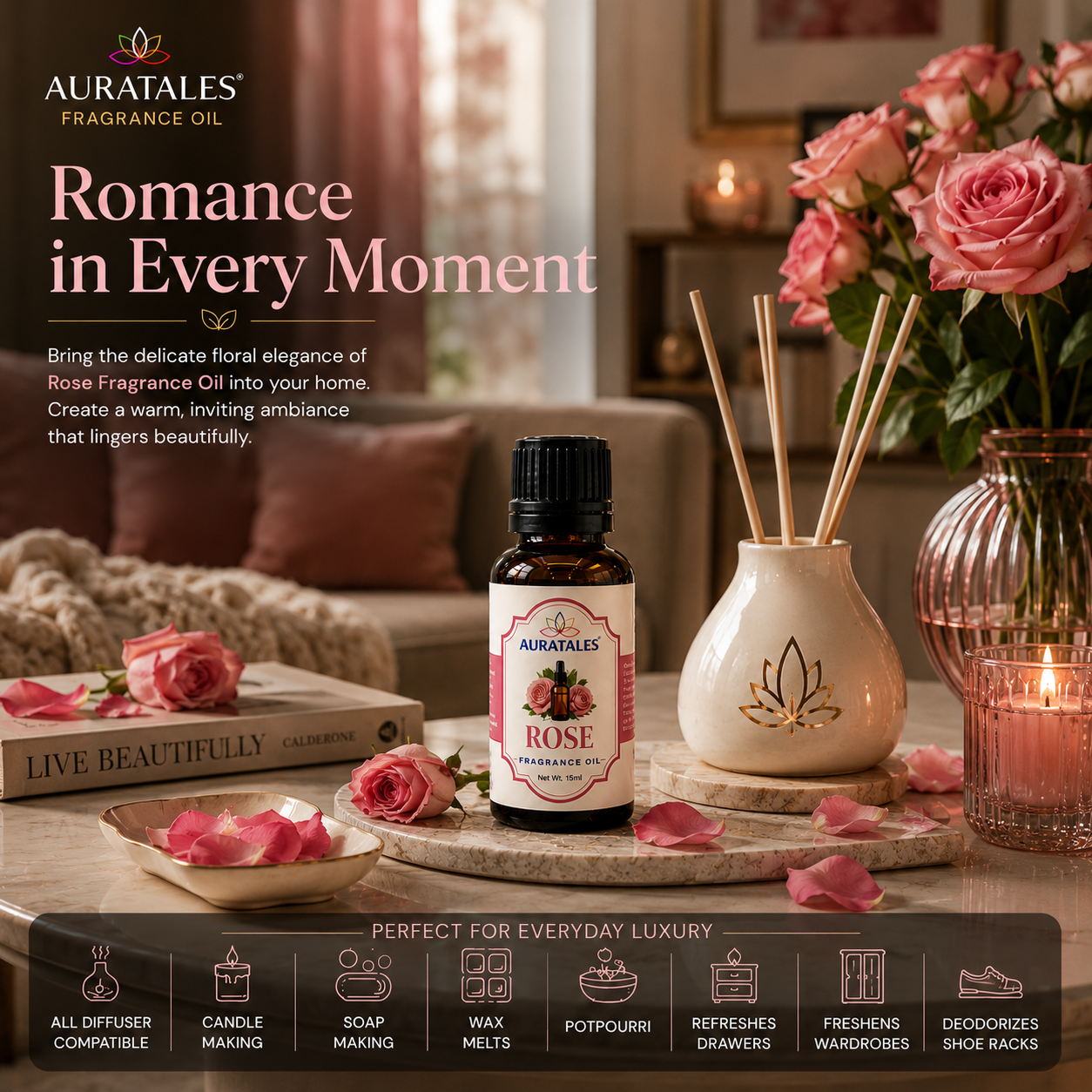 Aroma Diffuser Oil Combo of 6 (Sandalwood, Lavender, Citrus, Oudh, Musk, Rose) 60ml for Home, Office, Cupboards, Shoeracks, Drawers AuraTales