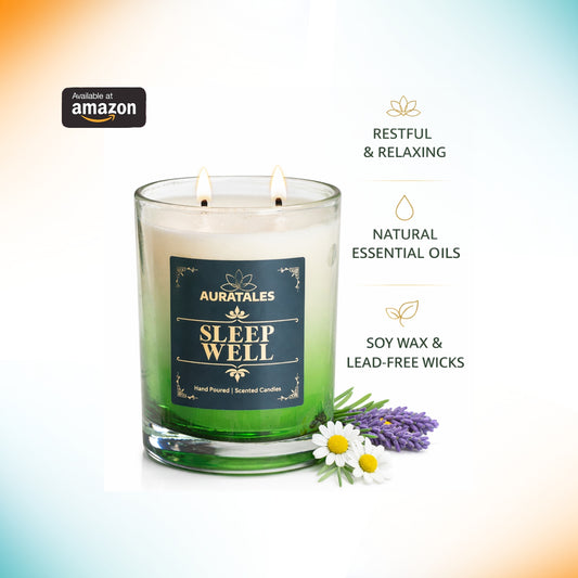 Auratales Sleep Well candle with green and white design, surrounded by lavender and flowers on a gradient background.