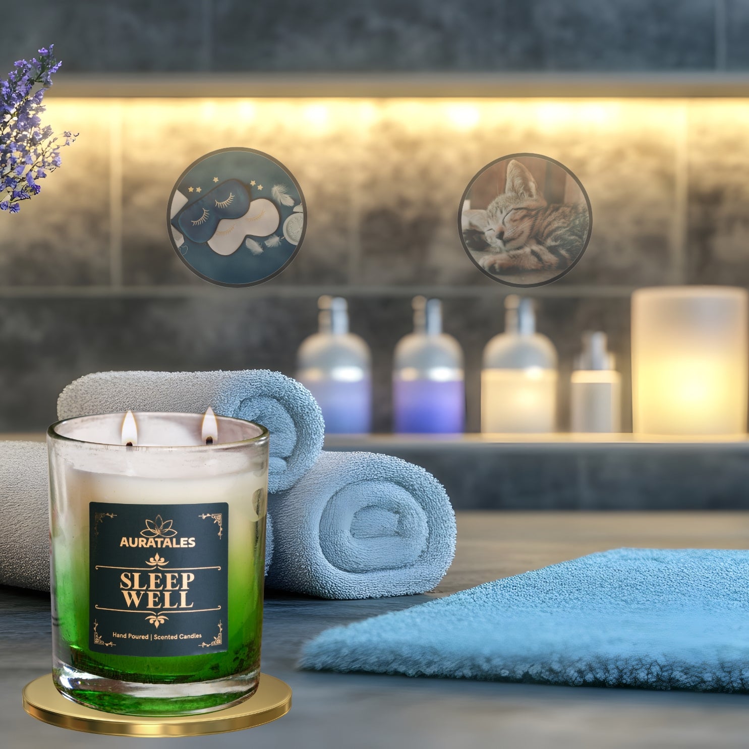 Auratales 'Sleep Well' candle on a coaster with towels and decorative elements in the background.
