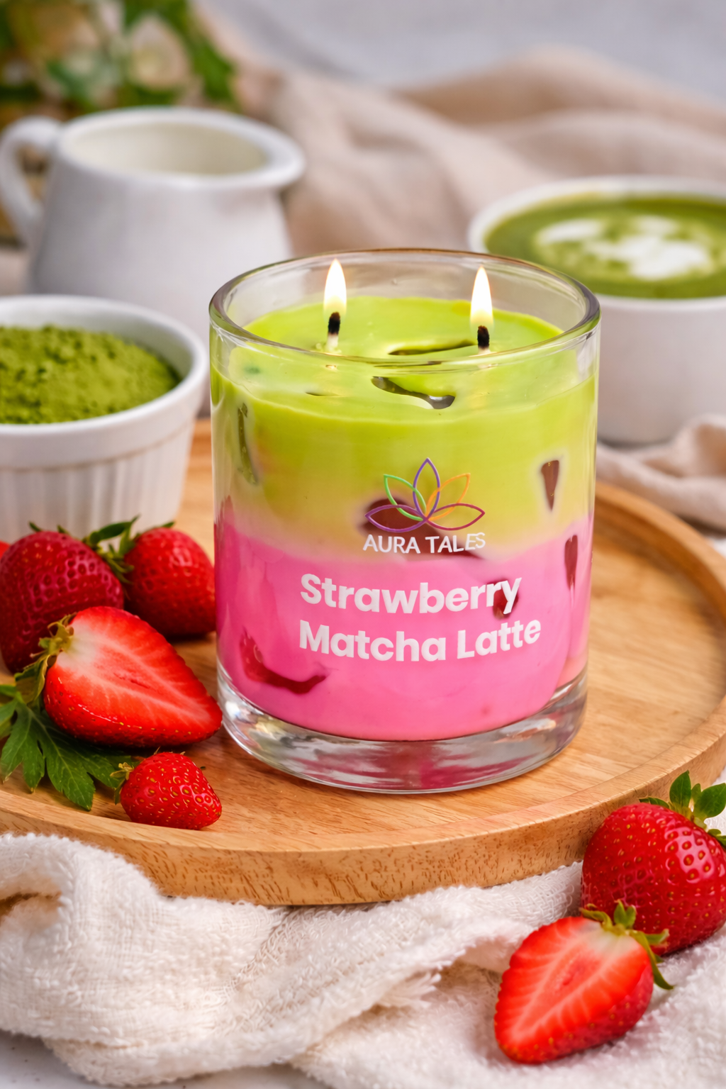 Strawberry Matcha Latte Scented Candle | Aromatherapy Candle | Strawberry & Matcha Fragrances AuraTales