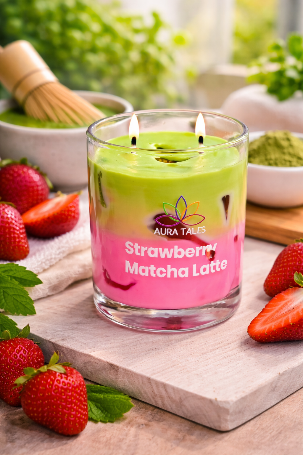Strawberry Matcha Latte Scented Candle | Aromatherapy Candle | Strawberry & Matcha Fragrances AuraTales