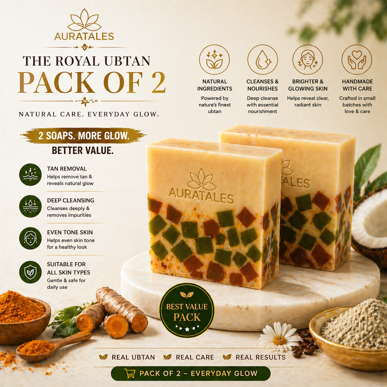 Handmade Royal Ubtan Bathing Soap For Men & Women | Pack of 2 AuraTales