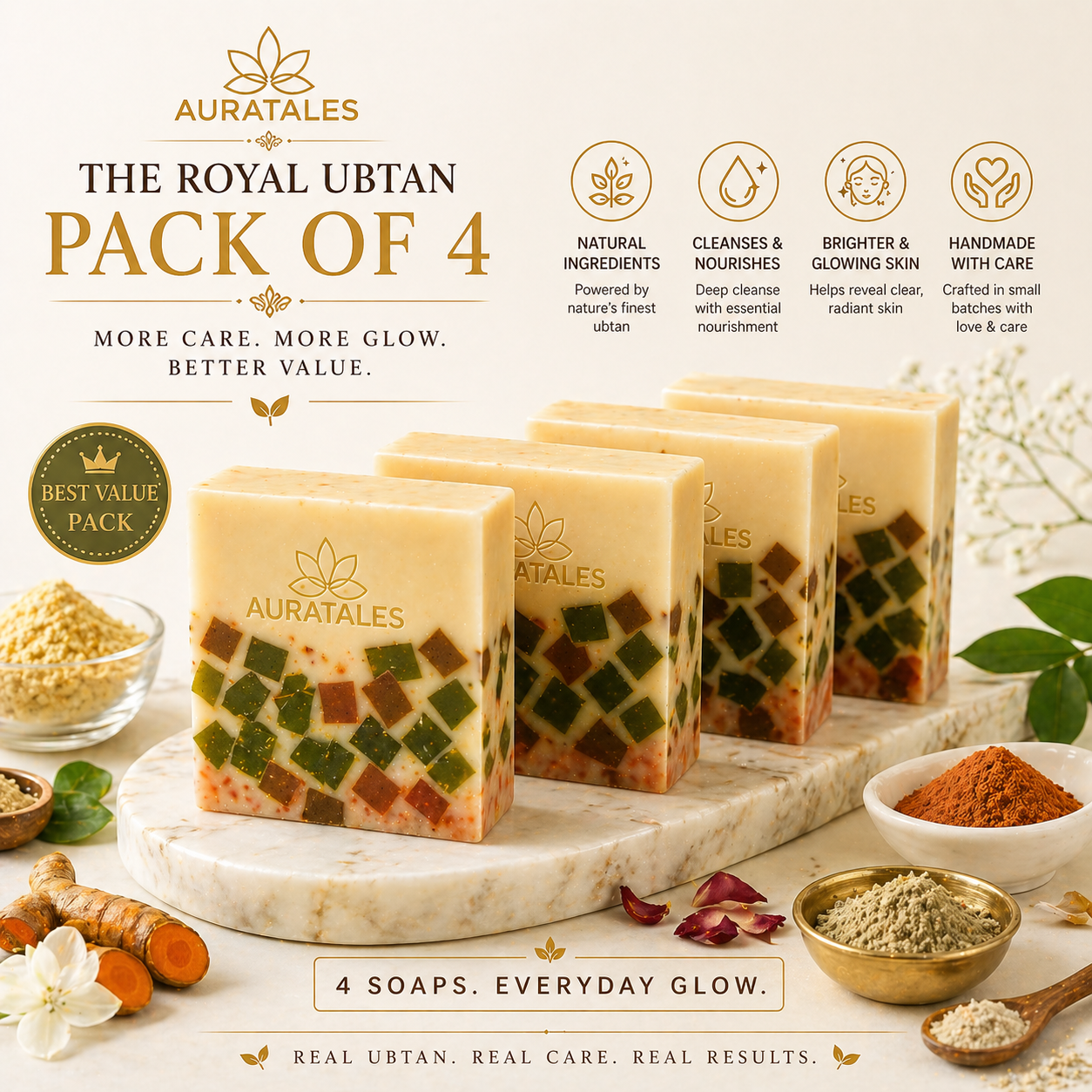 Handmade Royal Ubtan Bathing Soap For Men & Women | Pack of 4 AuraTales