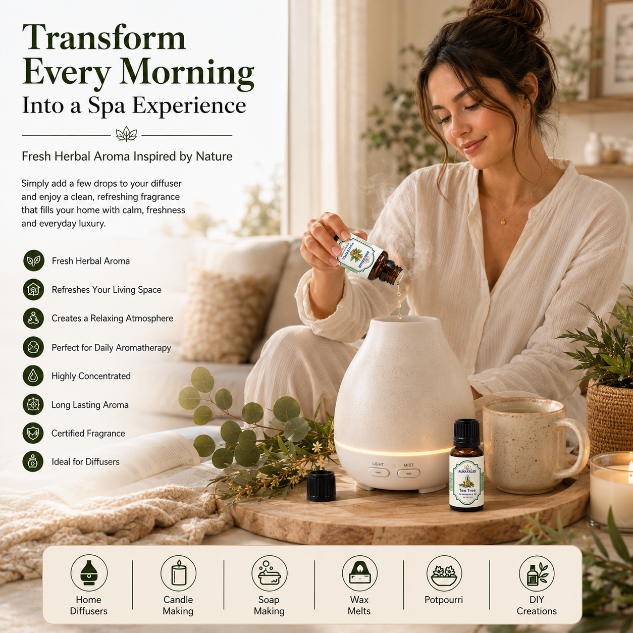 Fragrance Oil for Diffuser | Pack of 4 | 60ml | Best for Aromatherapy | Helps in Meditation | Used in Home, Candle, Diffusers, Air Fresheners (Lavender, Sandalwood, Jasmine, Tea Tree) AuraTales